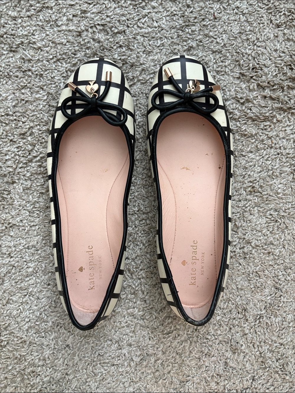 kate spade Ivory and Black Grid Ballet Flats with Pink Insole